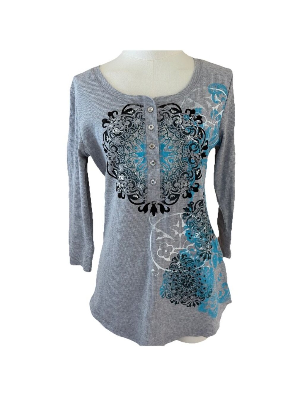 VTG Y2K Thermal Henley Top Women's Size M Gray Bling Sequin Grunge Alternative